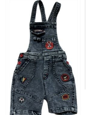 Vintage Looney Tunes Grey Denim Kids Overalls with Character Patches